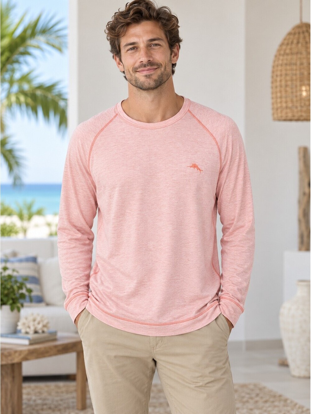 Tommy Bahama Men's Large Coral Pink Long Sleeve Performance Shirt Marlin NWOT